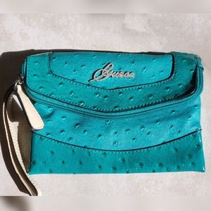 GUESS Turquoise Faux Ostrich Print Wristlet